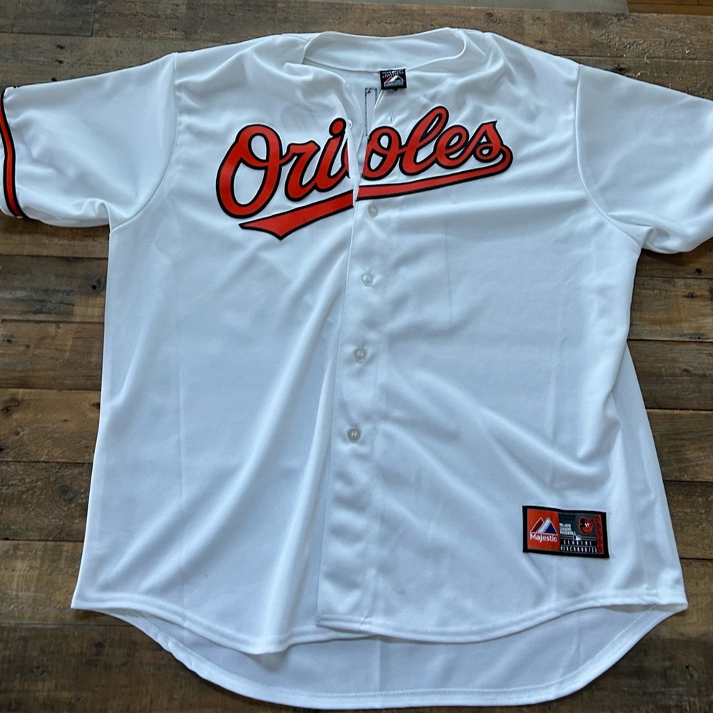 Majestic Orioles White Orange Script Button-Up Jersey